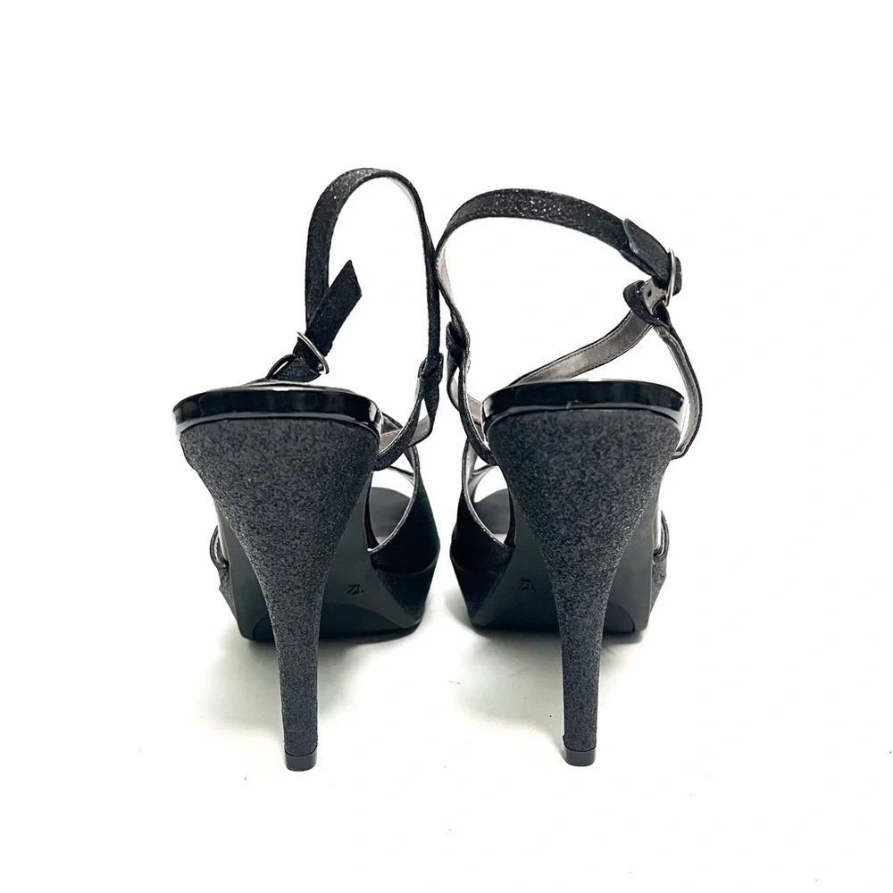 Vintage Y2K deadstock black glitter vegan leather strappy platform formal heels